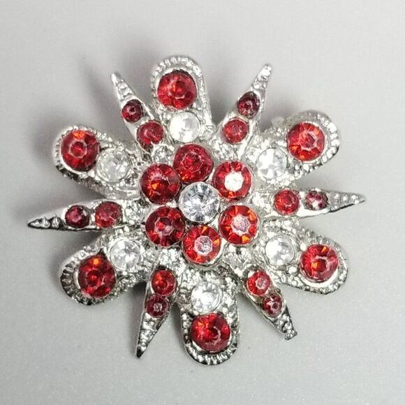 Vintage Red Rhinestone Starburst Radiant Flower Brooch, Silver Tone Setting - Picture 6 of 6